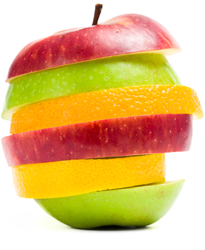 Fatias de frutas como maçã, maçã verde, laranja e limão empilhadas